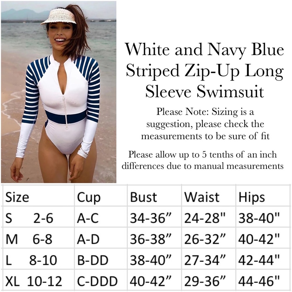 Sporty White and Navy Blue Striped Zip-Up Long Sleeve Rash Guard Swimsuit - Picture 16 of 16